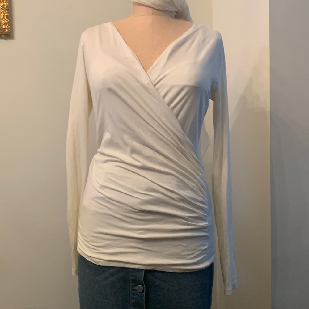 Ralph Lauren long sleeve fitted ivory front crossover draped top